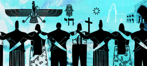 Image of people arm in arm with diverse religious symbols