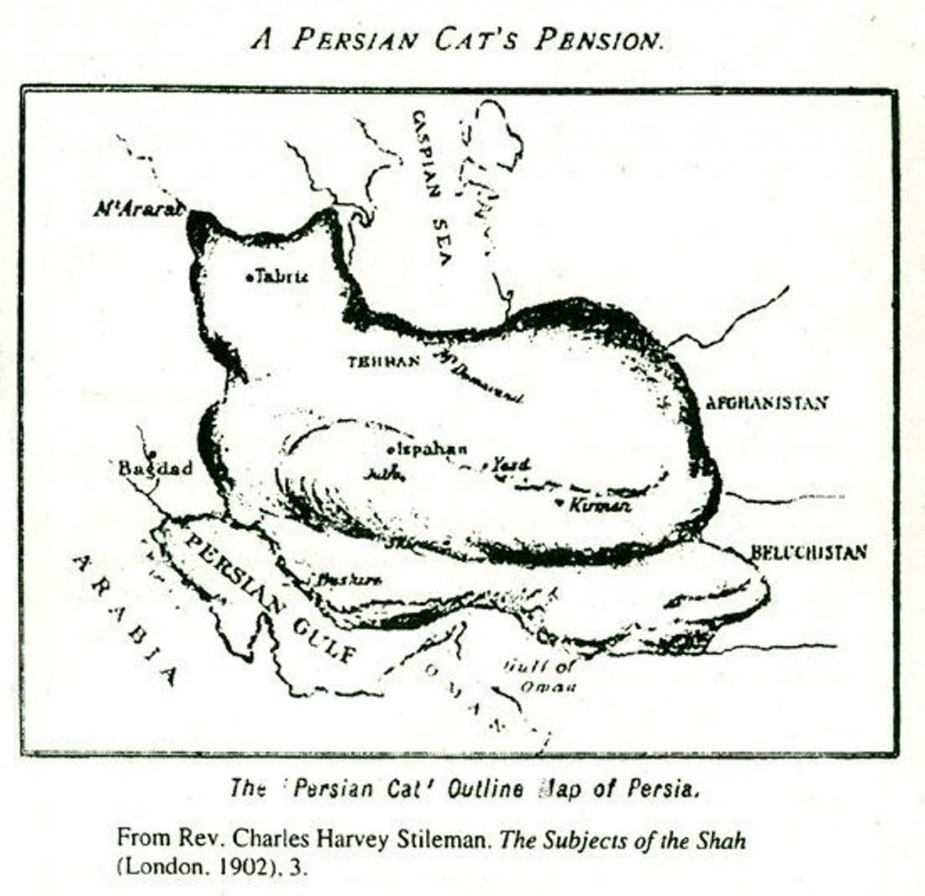 Map of Iran outlined in the shape of a cat
