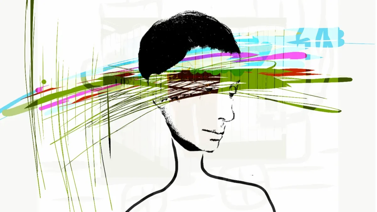 Figure with multi-colored distortions in its head.