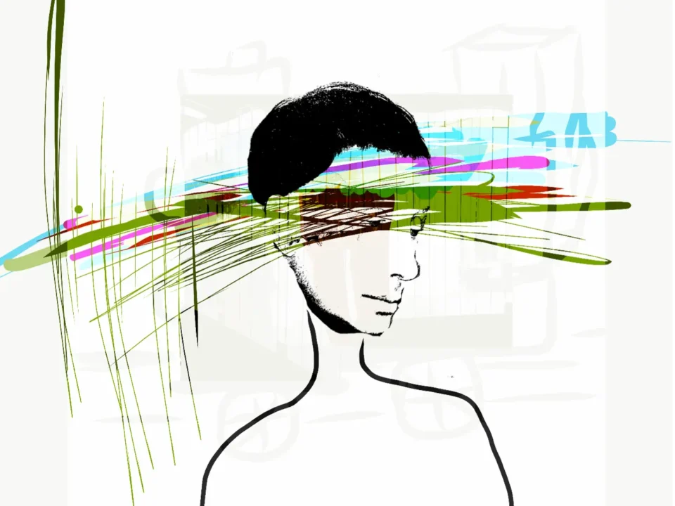 Figure with multi-colored distortions in its head.